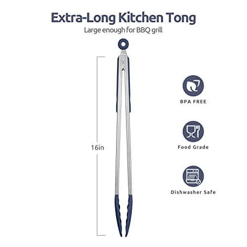 U-Taste 600F Heat Resistant Kitchen Tongs UTaste 16 in Extra Long Large Silicone Cooking Tong with Non Stick Rubber Tips Non Slip Silicon Coated 188 Stainless Steel Handle for Grill BBQ Midnight Blue - Image 3