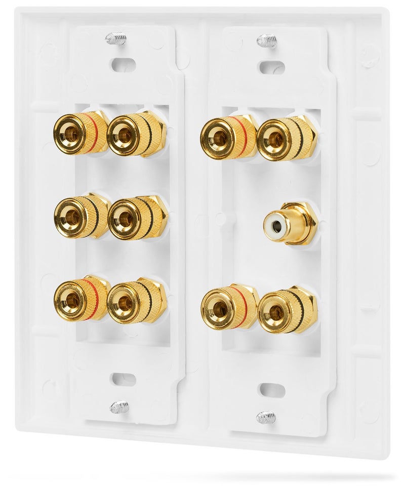 Fosmon (2-Gang 5.1 Surround Distribution) Home Theater Wall Plate - Premium Quality Gold Plated Copper Banana Binding Post Coupler Type Wall Plate for Speakers and RCA Jack for Subwoofer (White) - Image 3