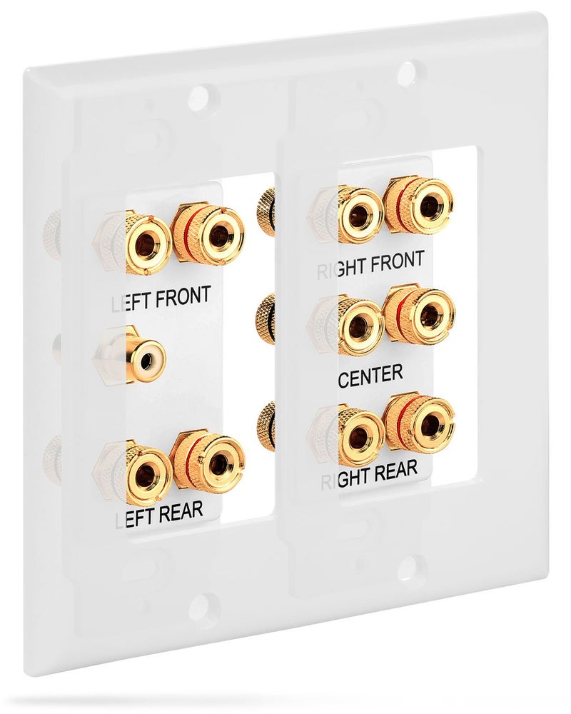 Fosmon (2-Gang 5.1 Surround Distribution) Home Theater Wall Plate - Premium Quality Gold Plated Copper Banana Binding Post Coupler Type Wall Plate for Speakers and RCA Jack for Subwoofer (White) - Image 4