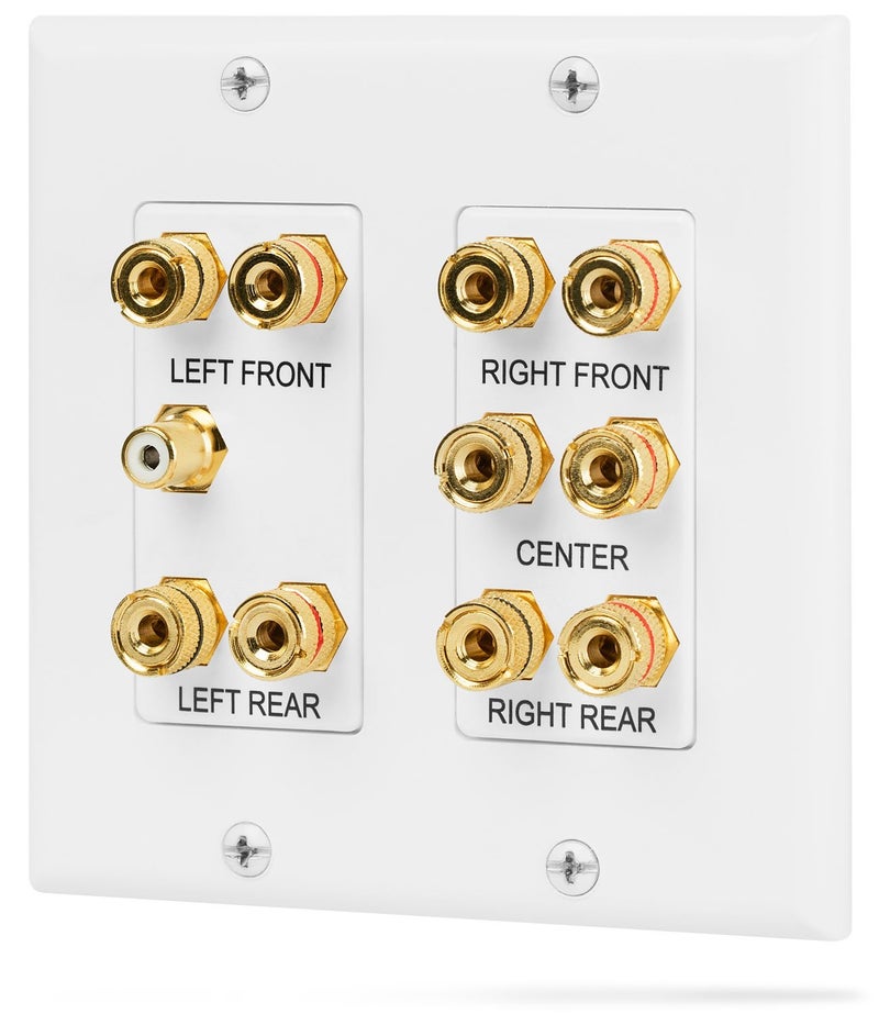 Fosmon (2-Gang 5.1 Surround Distribution) Home Theater Wall Plate - Premium Quality Gold Plated Copper Banana Binding Post Coupler Type Wall Plate for Speakers and RCA Jack for Subwoofer (White) - Image 1