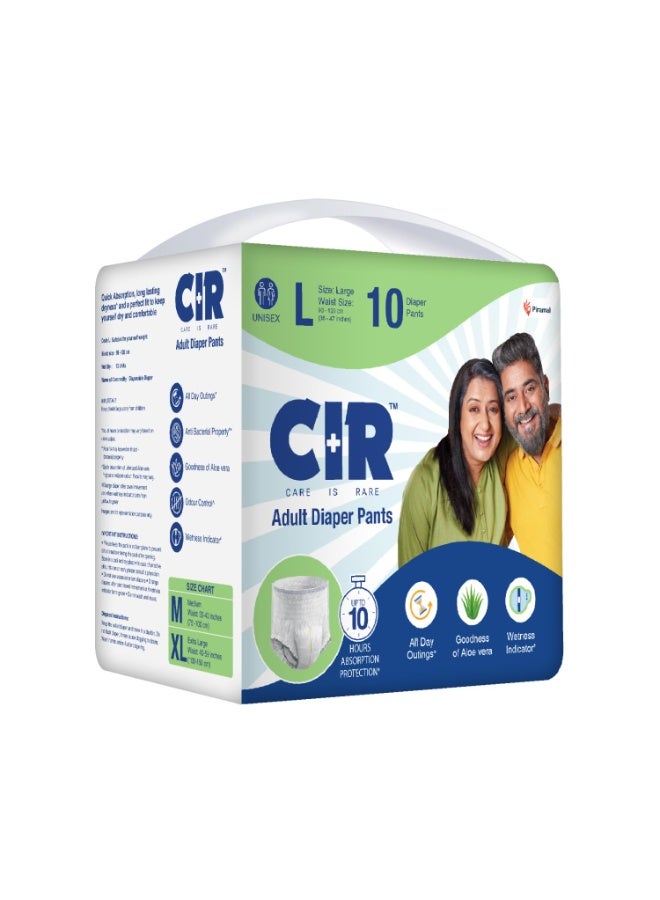 حفاضات CIR للكبار بتصميم سروال | حفاضات للكبار مقاس كبير (L) | محيط الخصر (90-120 سم | 35-47 بوصة) | امتصاص وحماية لمدة 10 ساعات | للجنسين مع مؤشر للبلل | تحكم في الرائحة | فوائد الصبار | 10 قطع - Image 1