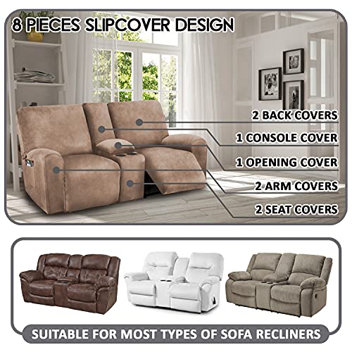 ULTICOR Reclining Love Seat with Middle Console Slipcover, 8-Piece Velvet Stretch Loveseat Reclining Sofa Covers, 2 seat Love seat Recliner Cover, Thick, Soft, Washable, Love seat Slipcovers (Sand) - Image 2