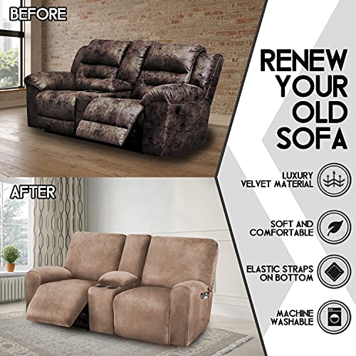 ULTICOR Reclining Love Seat with Middle Console Slipcover, 8-Piece Velvet Stretch Loveseat Reclining Sofa Covers, 2 seat Love seat Recliner Cover, Thick, Soft, Washable, Love seat Slipcovers (Sand) - Image 3