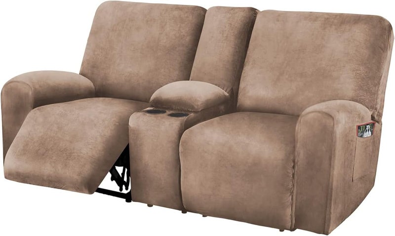 ULTICOR Reclining Love Seat with Middle Console Slipcover, 8-Piece Velvet Stretch Loveseat Reclining Sofa Covers, 2 seat Love seat Recliner Cover, Thick, Soft, Washable, Love seat Slipcovers (Sand) - Image 1