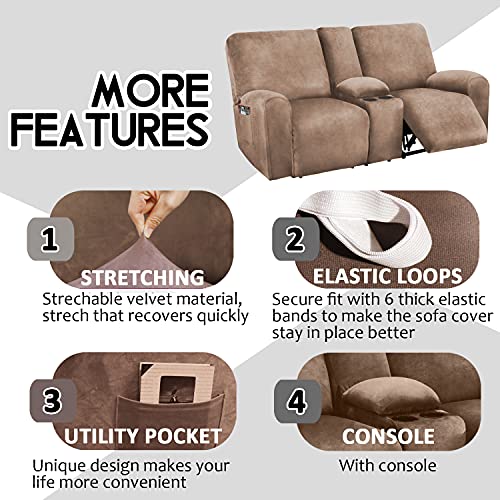 ULTICOR Reclining Love Seat with Middle Console Slipcover, 8-Piece Velvet Stretch Loveseat Reclining Sofa Covers, 2 seat Love seat Recliner Cover, Thick, Soft, Washable, Love seat Slipcovers (Sand) - Image 4