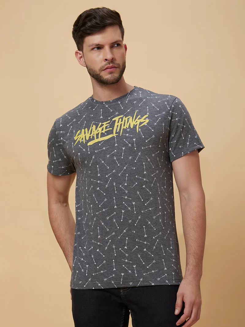 جلو باص تيشيرت رجالي قطن مطبوع أسود