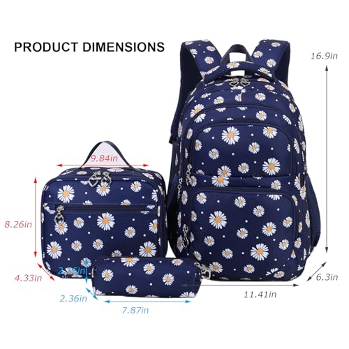 goldwheat Daisy Printed Backpacks With Lunch Pack Pencil Case 3pcs Lightweight Waterproof Bookbag For Middle School - Image 3