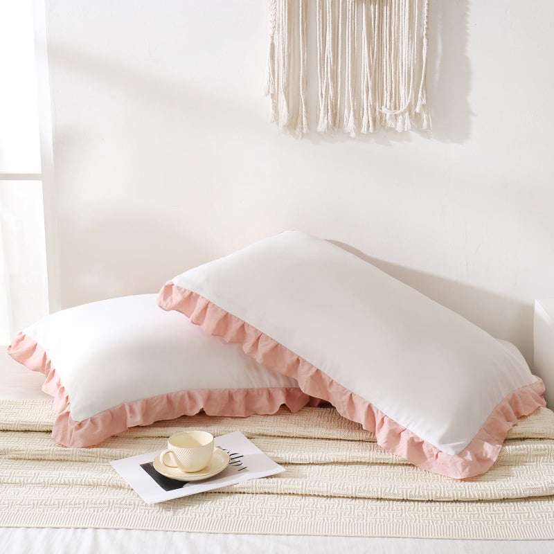 Merryword Pink Pillow Shams White and Pink Reversible Standard Pillowcases Cute Pillow Cover Set of 2 Soft Shabby Chic Ruffled Pillowcases 2 Pack (Queen (20''x30'')  White Pink) - Image 3