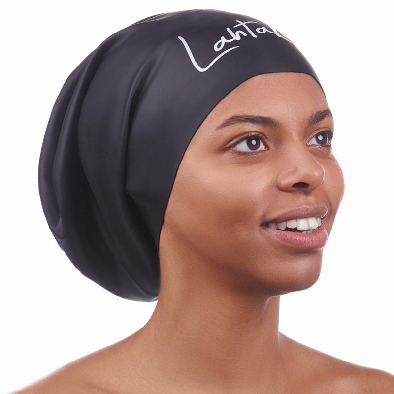 Lahtak Long Hair Swim Cap - Swim Caps Cool - Stylish Swim Cap for Braids Weaves Dreadlocks - Bathing Cap - Silicone Shower Cap (Black L) - Image 1