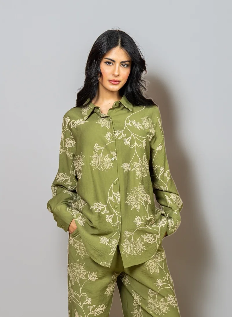 Bond Green Botanical Raised Print Shirt & Pants Co-Ord Set