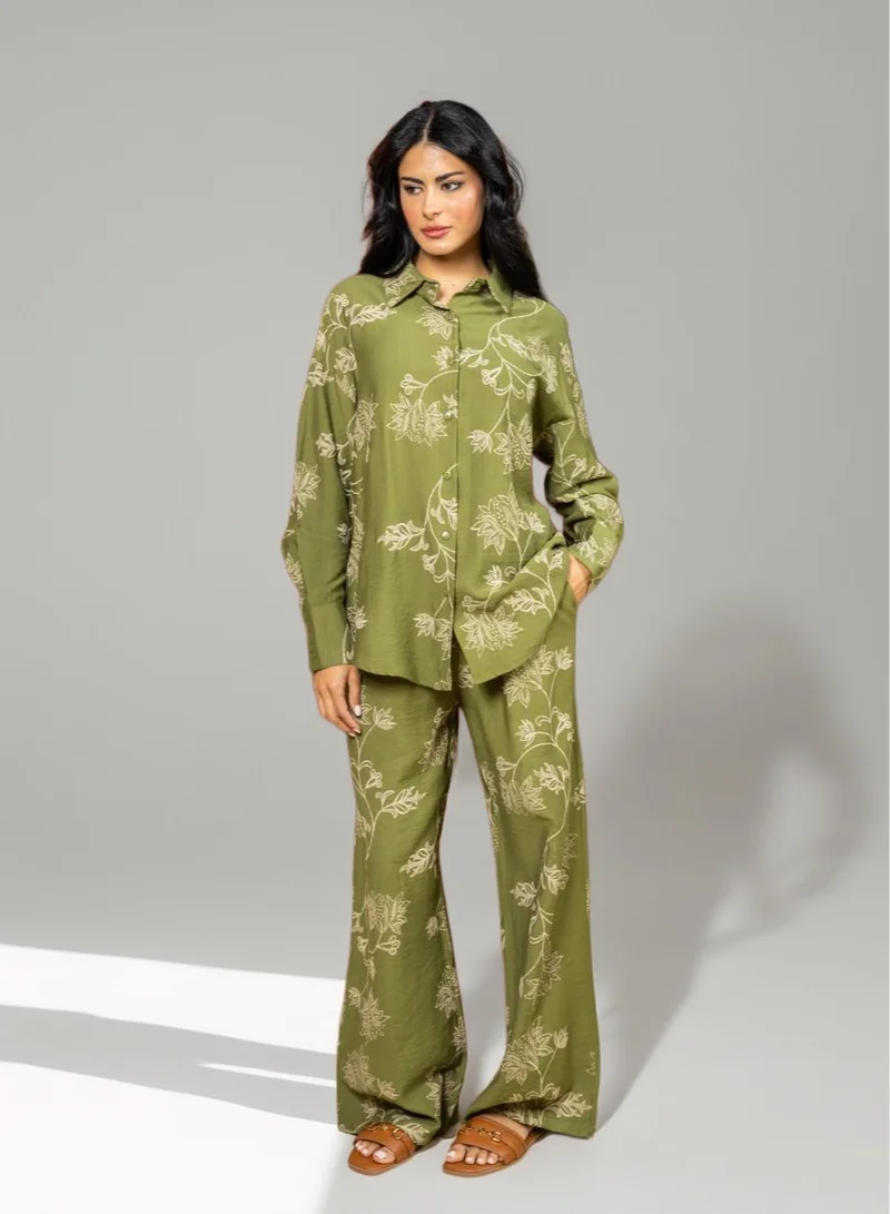 Bond Green Botanical Raised Print Shirt & Pants Co-Ord Set