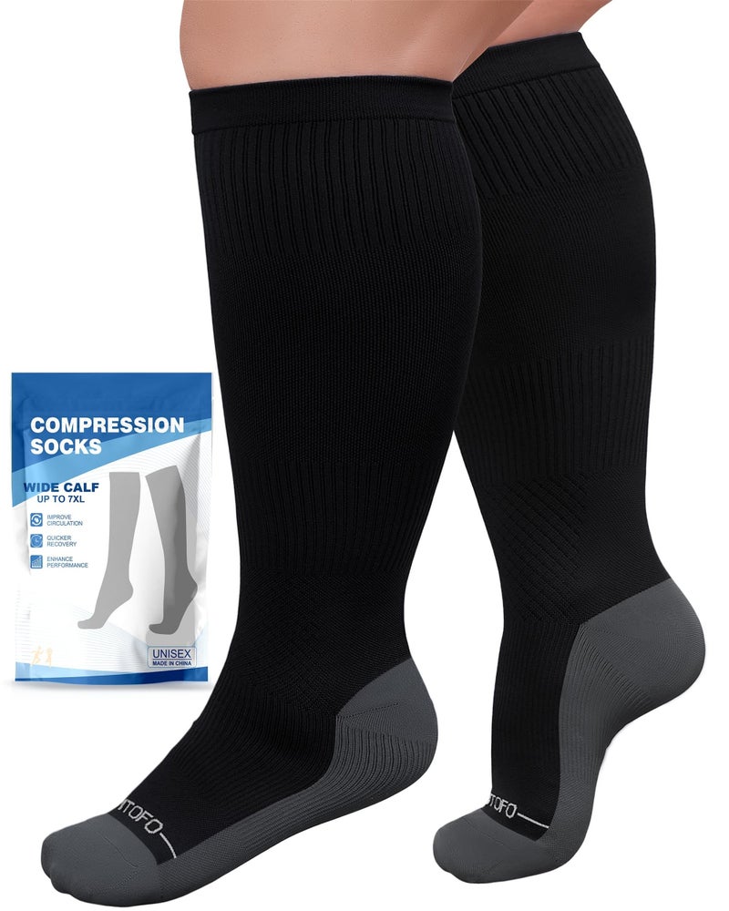 AMITOFO Wide Calf Compression Socks Women & Men (S-7XL)ï¼š Plus Size 15-20mmHg Medical Support Stockings, for Nurses, Pregnancy, Edema, Flying, Travel â€“ Seamless Toe(Black-2XL) - Image 1