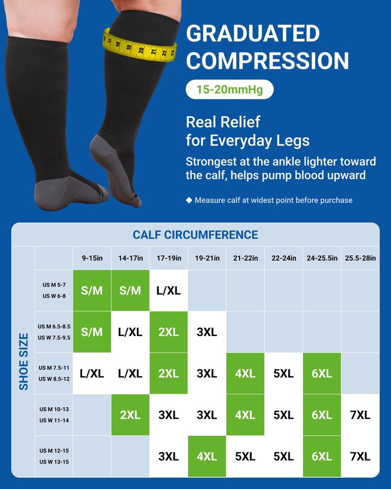 AMITOFO Wide Calf Compression Socks Women & Men (S-7XL)ï¼š Plus Size 15-20mmHg Medical Support Stockings, for Nurses, Pregnancy, Edema, Flying, Travel â€“ Seamless Toe(Black-2XL) - Image 4