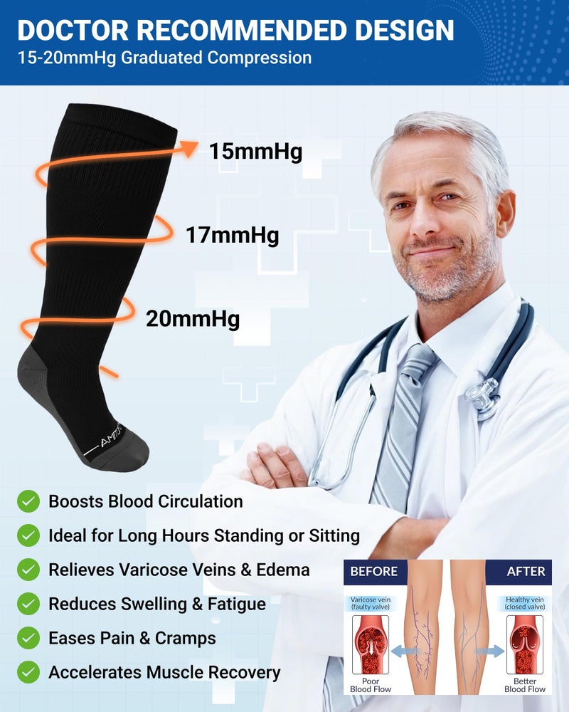 AMITOFO Wide Calf Compression Socks Women & Men (S-7XL)ï¼š Plus Size 15-20mmHg Medical Support Stockings, for Nurses, Pregnancy, Edema, Flying, Travel â€“ Seamless Toe(Black-2XL) - Image 2