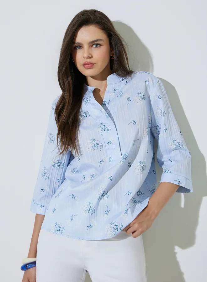 Take Two Blue Floral Print 3/4 Sleeves Blouse