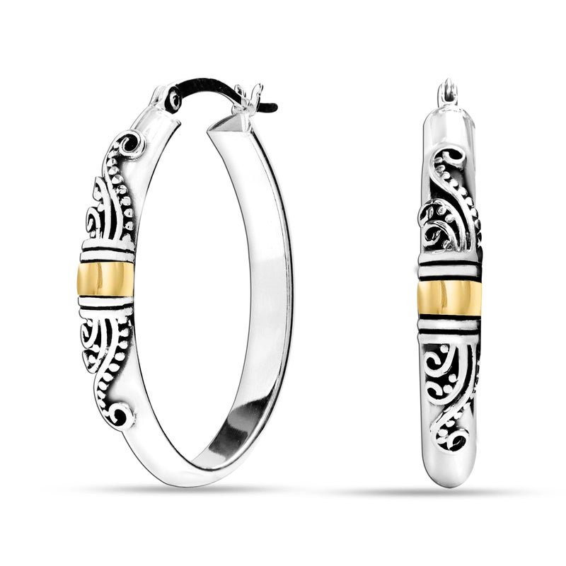LeCalla 925 Sterling Silver Bali-Style Hoop Earrings Jewelry Lightweight Two-Tone O Shape Antique Bali Hoop Earrings for Women - 30MM - Image 3