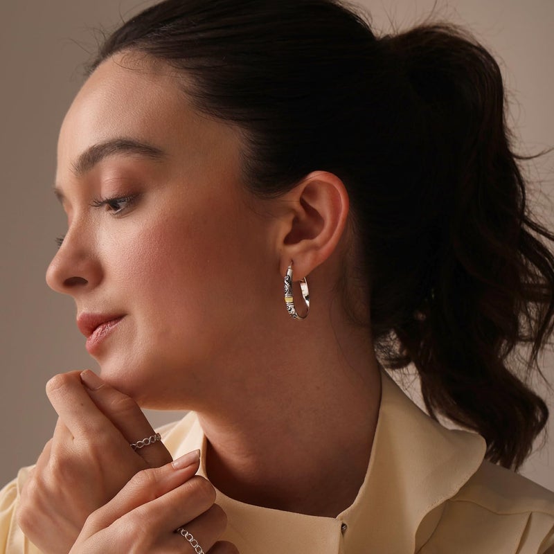 LeCalla 925 Sterling Silver Bali-Style Hoop Earrings Jewelry Lightweight Two-Tone O Shape Antique Bali Hoop Earrings for Women - 30MM - Image 4