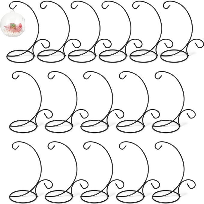 16 PCS 9 ORNAMENT DISPLAY STAND IRON HANGING STAND ORNAMENT HANGER GLASS GLOBE RACK GLASS BALL HOLDER FOR HANGING PLANT HOME BLACK