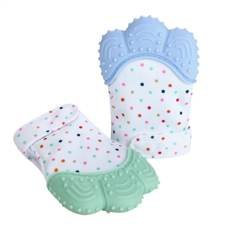 PandaEar Soothing Teething Mitten 2 Pack Pain Relief Protection Glove Stimulating Teether 012 Months Blue Green - Image 1