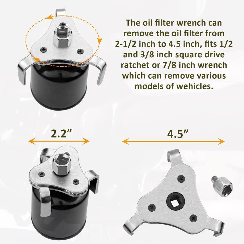 Bolaxin Universal Adjustable Oil Filter Wrench 25 to 45 3 Jaws Oil Filter Wrench Tool Set Remover Socket Silver - Image 4