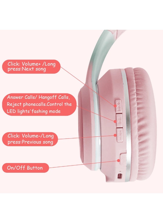 caijin Kids Headphones,Cat Ear Led Light Bluetooth Kids Headphones with Mic,Girls Headphones Wireless,TF Card,with audio jack,Wireless/Wired Foldable Kids On Ear Headphones for Boys Girls Adults (Pink) - Image 2