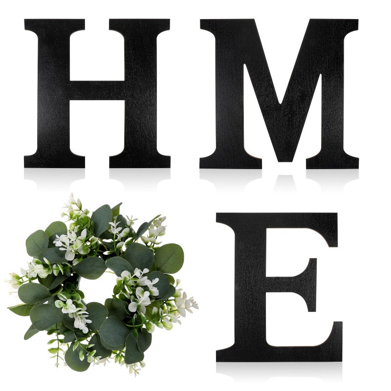 Dimeho Wood Home Sign with Artificial Eucalyptus Wreath for O, Farmhouse Wall Home Sign Rustic Wooden Hanging Letters Decorative Wall Art Decor for Living Room Kitchen Housewarming Couple Gifts - Image 1