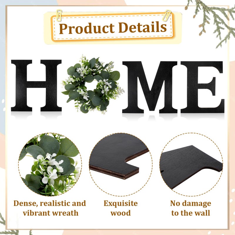 Dimeho Wood Home Sign with Artificial Eucalyptus Wreath for O, Farmhouse Wall Home Sign Rustic Wooden Hanging Letters Decorative Wall Art Decor for Living Room Kitchen Housewarming Couple Gifts - Image 3