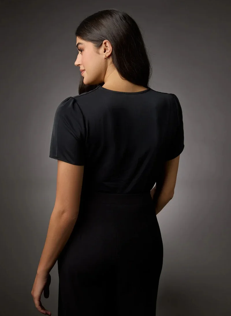 Zigzag Vneck Short Sleeve Chiffon Top-Black