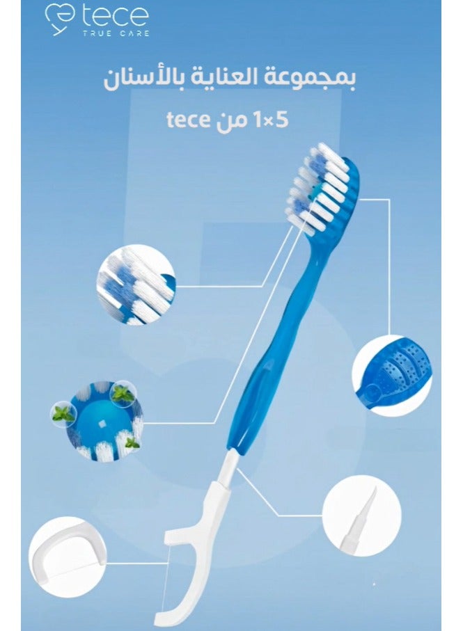 تيسى مجموعة العناية الكاملة بالأسنان 5 في 1 من TECE – فرشاة ناعمة، معطر فم بالنعناع، مكشطة لسان، خيط تنظيف وعود أسنان (عبوة 6 حبات) - Image 3