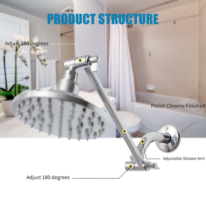 Shower Arm Extension with Lock Joints 11 Inch Adjustable Height Angle Shower Arm Polished Chrome Brass Shower Head Extension Arm for Handheld Showerhead Rainfall Shower Head - Image 3