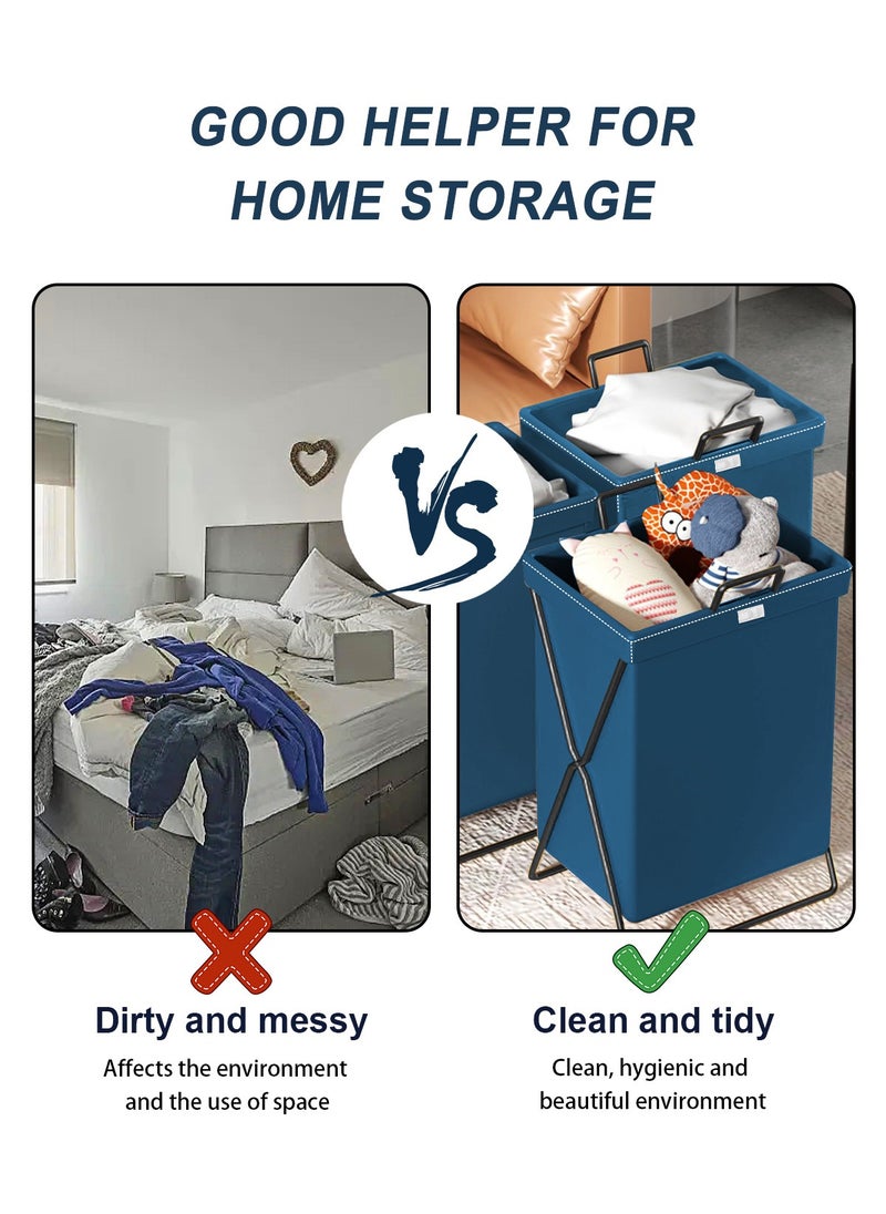 HomarKet - Large Laundry Basket, Waterproof, Freestanding Leather Laundry Hamper, Collapsible Tall Clothes Hamper with Extended Handles and Cover for Clothes Toys in the Dorm and Family-Blue - Image 1