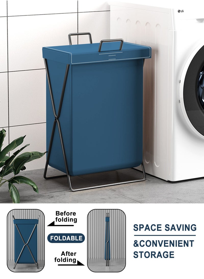 HomarKet - Large Laundry Basket, Waterproof, Freestanding Leather Laundry Hamper, Collapsible Tall Clothes Hamper with Extended Handles and Cover for Clothes Toys in the Dorm and Family-Blue - Image 1