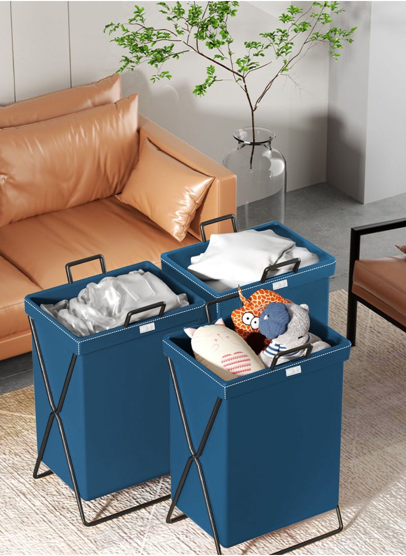HomarKet - Large Laundry Basket, Waterproof, Freestanding Leather Laundry Hamper, Collapsible Tall Clothes Hamper with Extended Handles and Cover for Clothes Toys in the Dorm and Family-Blue - Image 1