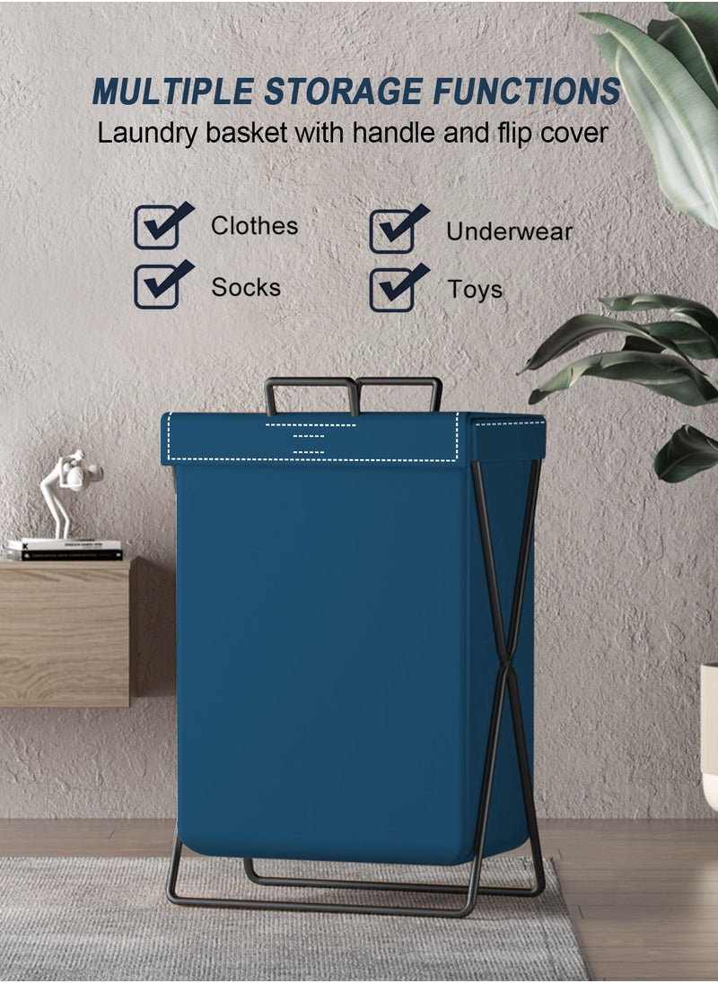 HomarKet - Large Laundry Basket, Waterproof, Freestanding Leather Laundry Hamper, Collapsible Tall Clothes Hamper with Extended Handles and Cover for Clothes Toys in the Dorm and Family-Blue - Image 1