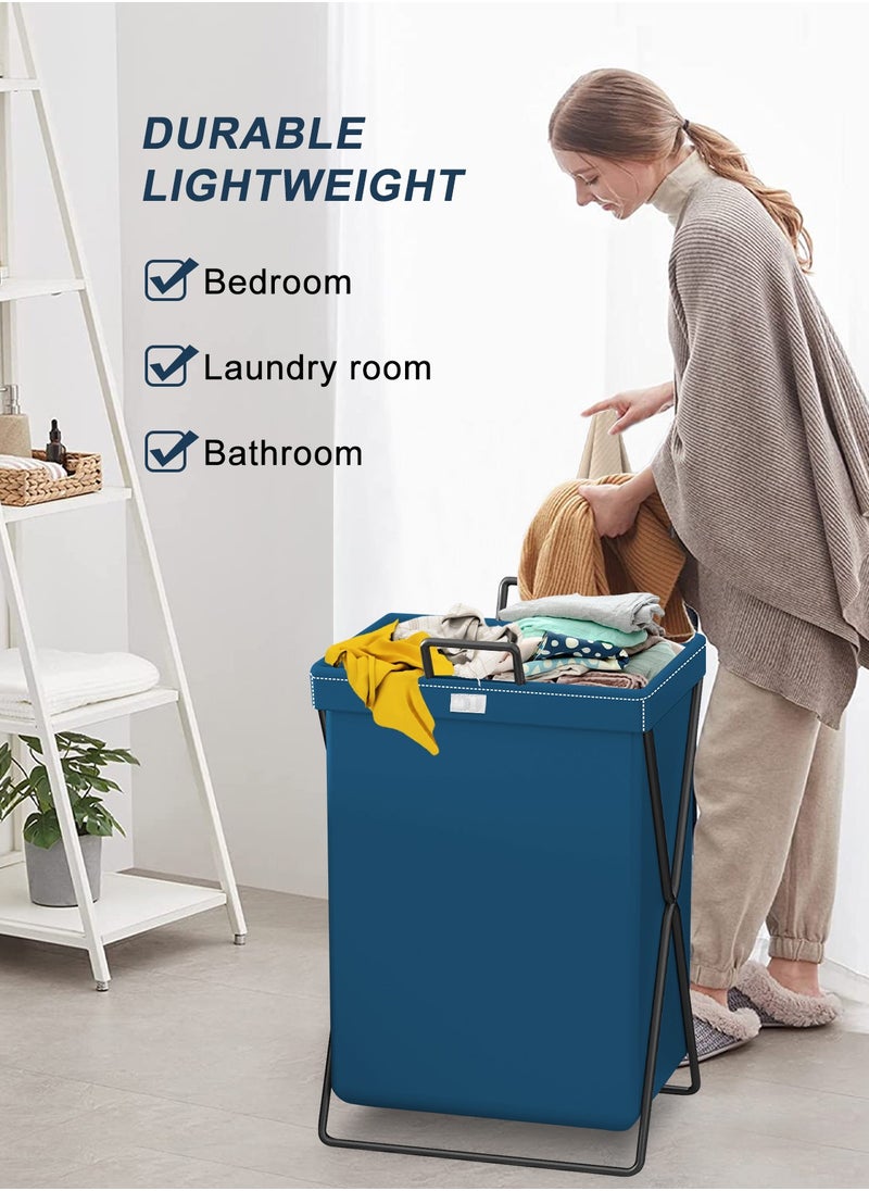 HomarKet - Large Laundry Basket, Waterproof, Freestanding Leather Laundry Hamper, Collapsible Tall Clothes Hamper with Extended Handles and Cover for Clothes Toys in the Dorm and Family-Blue - Image 1