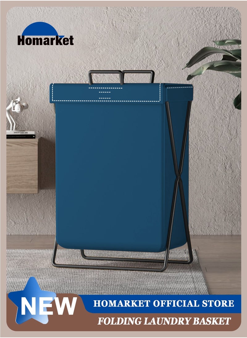 HomarKet - Large Laundry Basket, Waterproof, Freestanding Leather Laundry Hamper, Collapsible Tall Clothes Hamper with Extended Handles and Cover for Clothes Toys in the Dorm and Family-Blue - Image 1