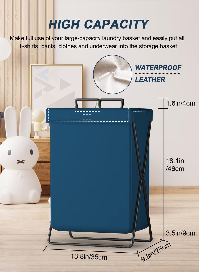 HomarKet - Large Laundry Basket, Waterproof, Freestanding Leather Laundry Hamper, Collapsible Tall Clothes Hamper with Extended Handles and Cover for Clothes Toys in the Dorm and Family-Blue - Image 1
