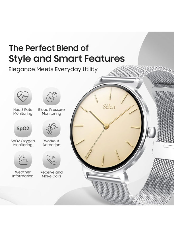 Xcell Selen 3 Women's Smartwatch | 1.27" AMOLED Display | Slim Design | IP67 | Bluetooth Calling | Heart Rate & SpO2 | Workout Detection |1 Week Battery | English & Arabic- Silver Metal Frame & Strap - Image 2