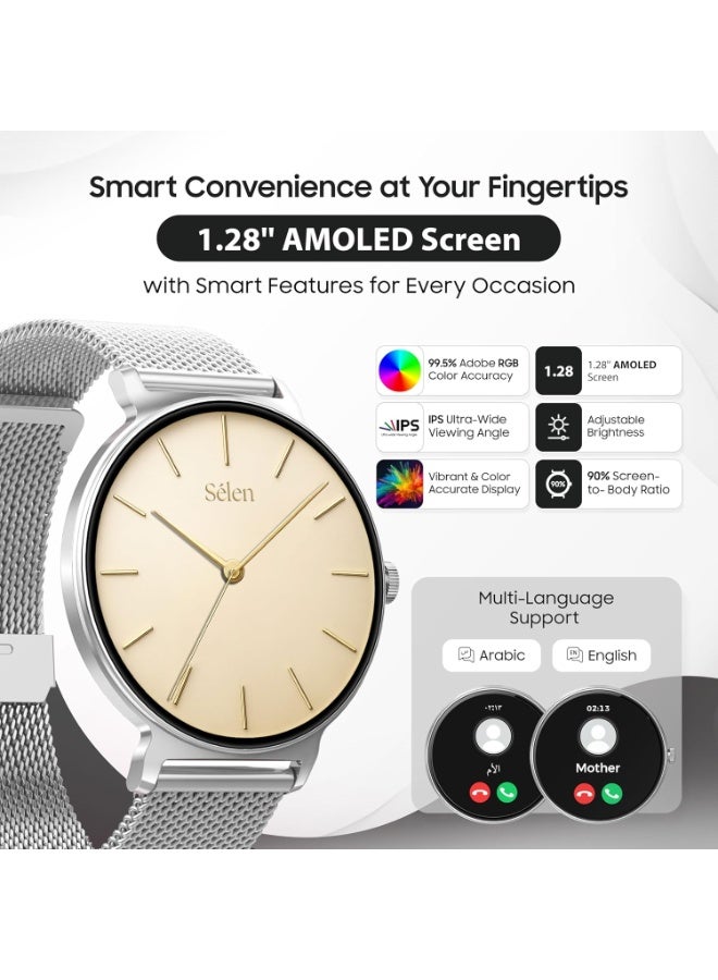 Xcell Selen 3 Women's Smartwatch | 1.27" AMOLED Display | Slim Design | IP67 | Bluetooth Calling | Heart Rate & SpO2 | Workout Detection |1 Week Battery | English & Arabic- Silver Metal Frame & Strap - Image 4