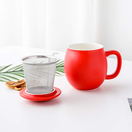 Yundu 12 OZ Matte Red Ceramics Teacup with Infuser and Lid, Mug with Lid for Steeping - Stainless Steel Infuser for Loose Leaf Tea, Home Office Gift for Tea Lovers - Image 3