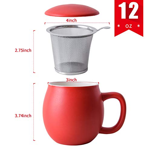 Yundu 12 OZ Matte Red Ceramics Teacup with Infuser and Lid, Mug with Lid for Steeping - Stainless Steel Infuser for Loose Leaf Tea, Home Office Gift for Tea Lovers - Image 2