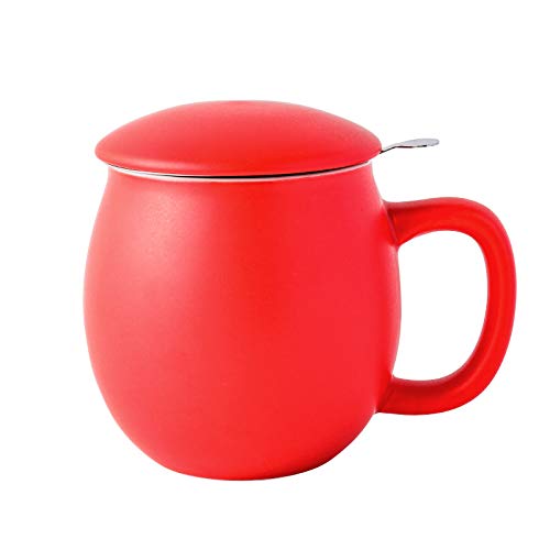 Yundu 12 OZ Matte Red Ceramics Teacup with Infuser and Lid, Mug with Lid for Steeping - Stainless Steel Infuser for Loose Leaf Tea, Home Office Gift for Tea Lovers - Image 1