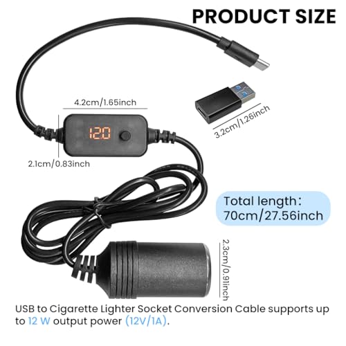 STHIRA® USB C to Cigarette Lighter Adapter Cable, 5V to 12V Type-C to Cigarette Lighter Socket Adapter Cable, Universal Car USB Boost Converter with Adjustable Voltage and USB Converter Tip (0.7m) - Image 3