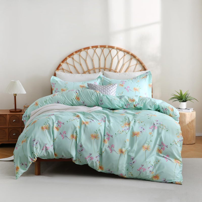 JSD Green Floral Duvet Cover Set Queen Size 3 Piece Botanical Printed Microfiber Comforter Cover with Corner Ties Zipper Closure