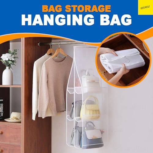 karomouj K738 6-Pocket Foldable Hanging Handbag Organizer, Dustproof Purse Storage Holder with 6 Compartment Metal Hook Hanger for Wardrobe - Great Space Saving Closet Solution (White Pack of 1) - Image 4