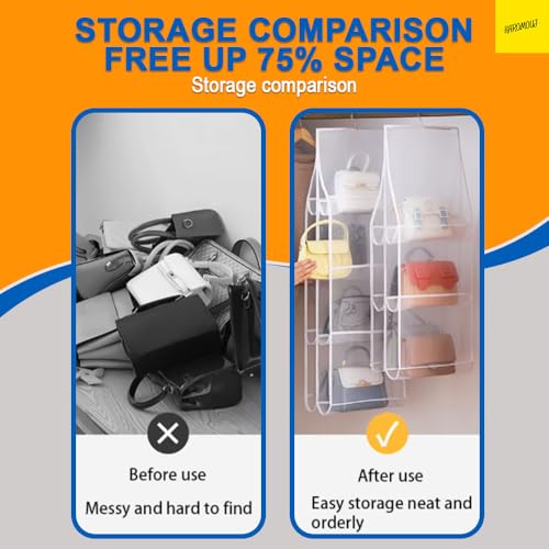 karomouj K738 6-Pocket Foldable Hanging Handbag Organizer, Dustproof Purse Storage Holder with 6 Compartment Metal Hook Hanger for Wardrobe - Great Space Saving Closet Solution (White Pack of 1) - Image 3
