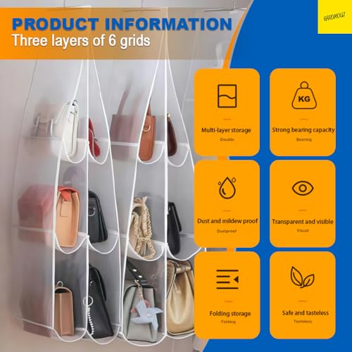 karomouj K738 6-Pocket Foldable Hanging Handbag Organizer, Dustproof Purse Storage Holder with 6 Compartment Metal Hook Hanger for Wardrobe - Great Space Saving Closet Solution (White Pack of 1) - Image 5