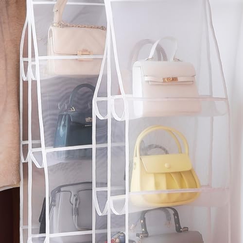 karomouj K738 6-Pocket Foldable Hanging Handbag Organizer, Dustproof Purse Storage Holder with 6 Compartment Metal Hook Hanger for Wardrobe - Great Space Saving Closet Solution (White Pack of 1) - Image 1