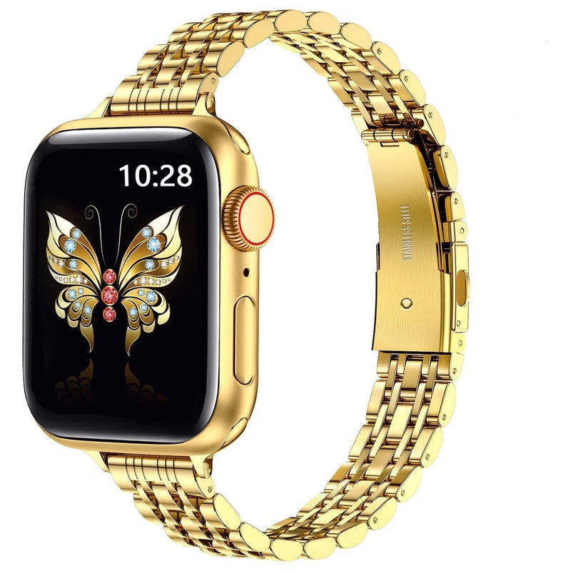 erorex For Apple Watch Se 44Mm Slim Seven Bead Slingshot Buckle Metal Watch Band(Gold) - Image 1