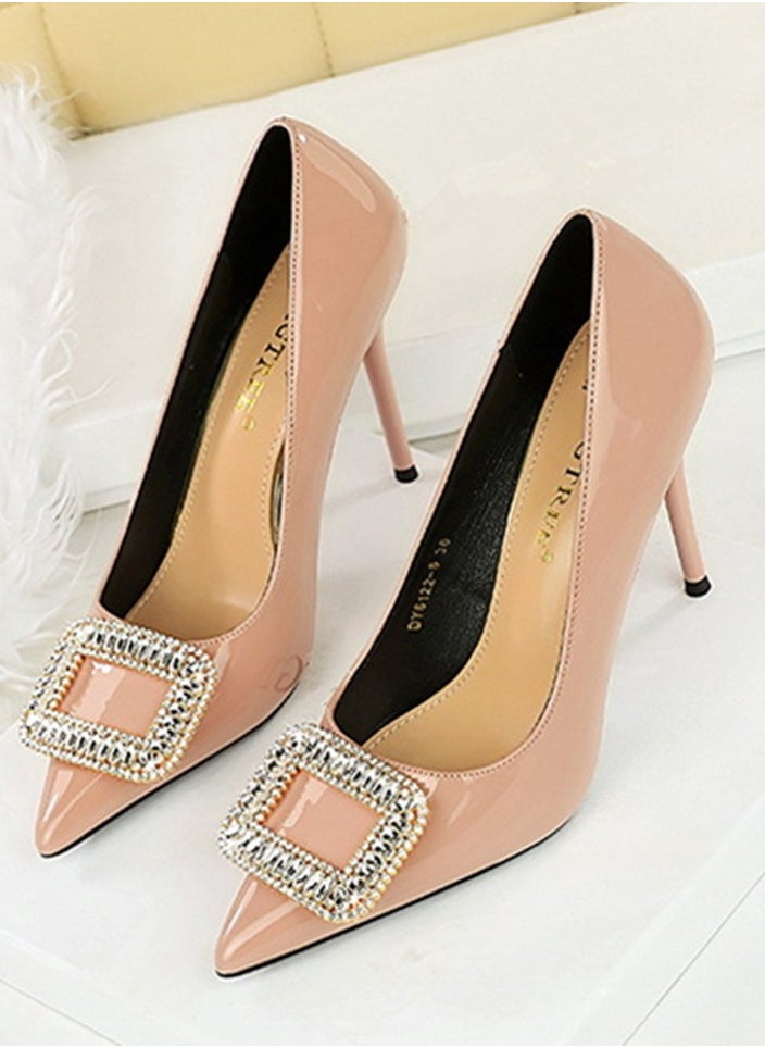 BIGTREE Women's Closed Pointed Toe Stiletto Pump Rhinestone Square Buckle Decoration High Heels Pale Pink 10 CM  - Image 1